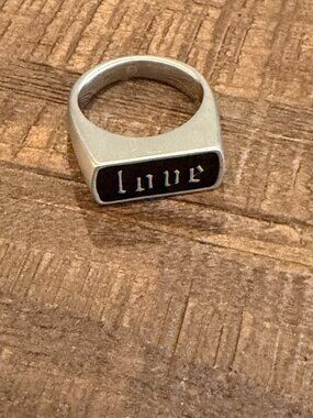 Alexander McQueen -- "Love" Silver and Black Enamel Ring -- US 9.5-9.75/UK T
